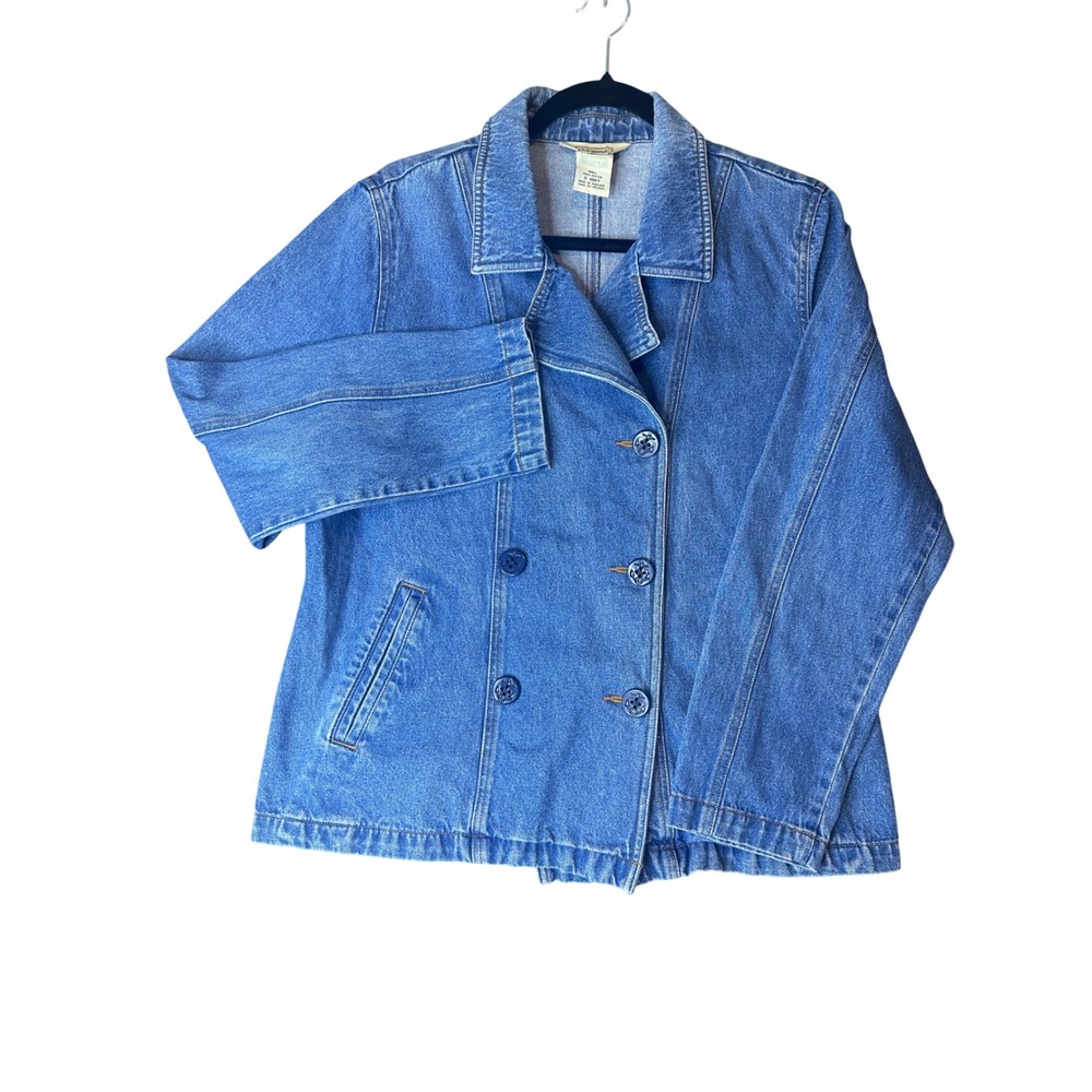 LL Bean Womens Vintage Medium Blue Denim Double Breasted Pea Coat‎ Jacket Anchor